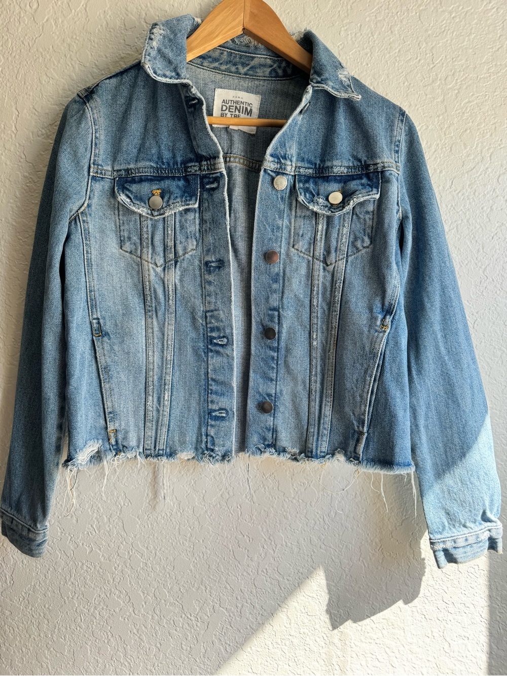 Zara Light Blue Distressed Hem Denim Jacket